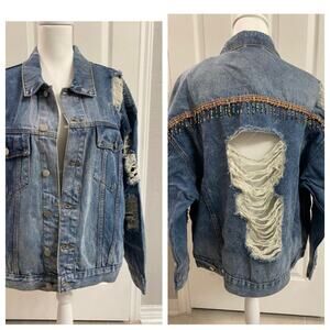 Distressed Ripped Oversized Jean Jacket With Beaded Fringe Accent on Back M/L